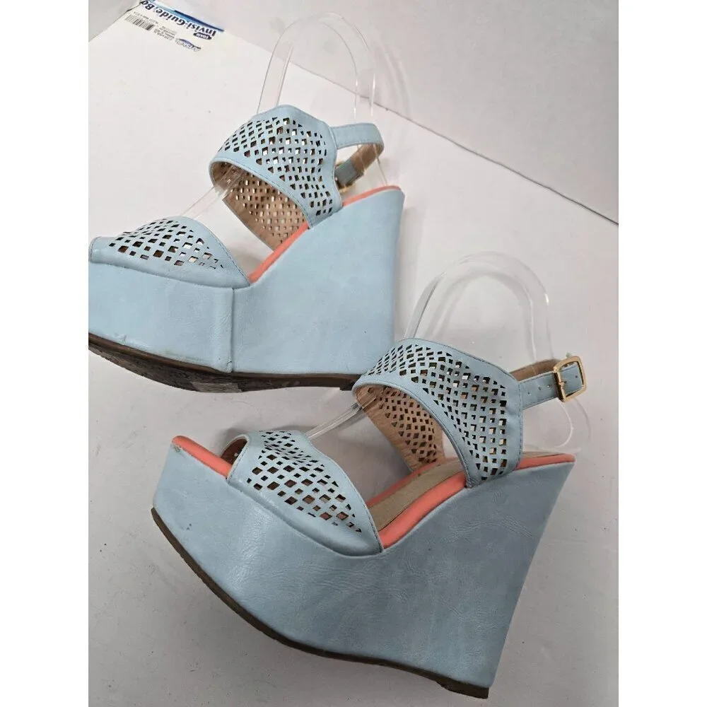 Pastel Blue Platform Wedge Cut Out Sandals size 7